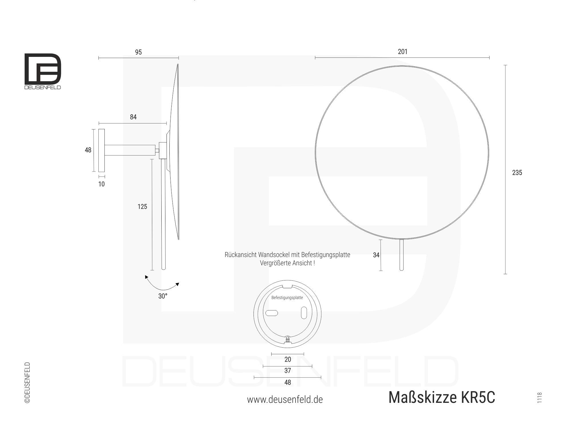 DEUSENFELD KR5C - Design Wand Kosmetikspiegel Schminkspiegel Rasierspiegel Round, 5-Fach Vergrößerung einseitig, Arm starr, Kugelgelenk, Ø20cm, Randlos