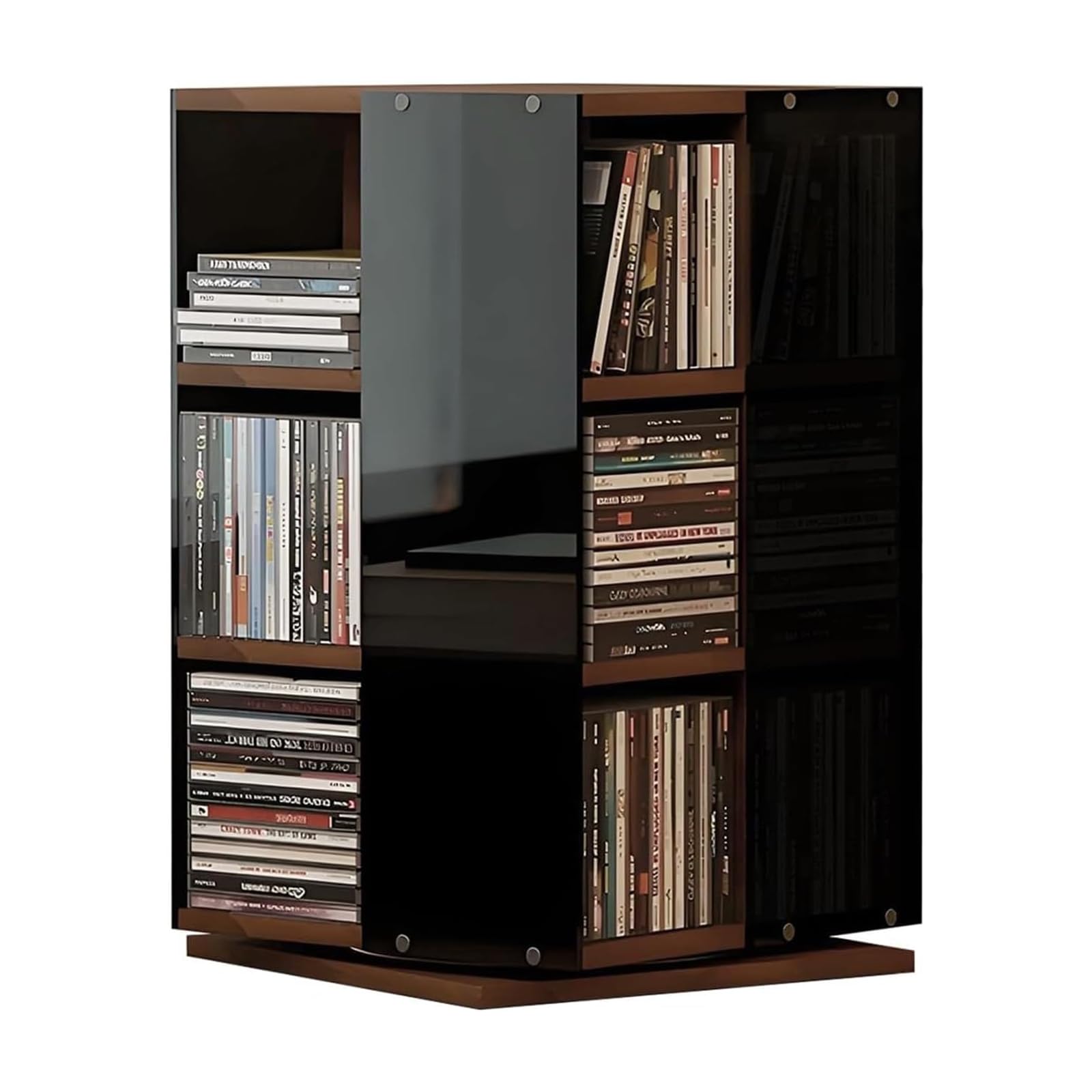 Obrotowa płyta winylowa o 360° i wieża do przechowywania płyt CD mieści 120 płyt CD, 4-stronny otwarty wyświetlacz, kompaktowy, 14 x 14 cm, stabilne wsparcie, łatwy montaż do książek, czasopism, DVD