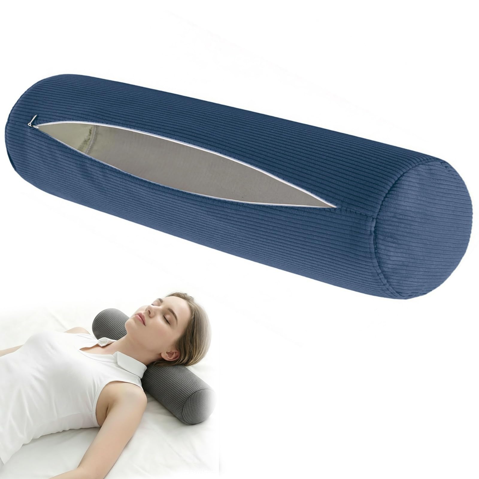 moismk Round Bolster Pillow Covers with Zipper, Striped Corduroy Breathable Washable Cylindrical Neck Pillow Cases for Home Decor, Cervical Neck Roll Pillowcase Only(Blue,120x20cm)