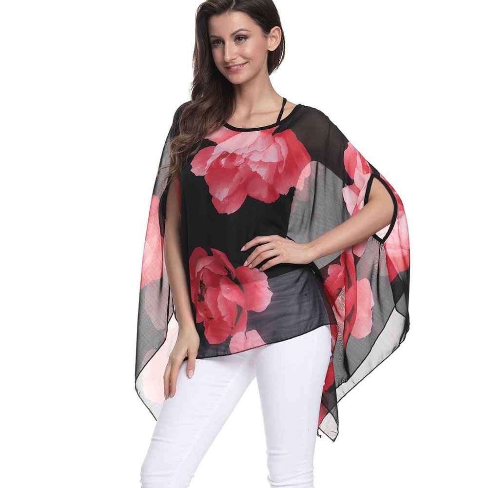 Max HsuanWomens Ladies Baggy Oversize Plus Size Batwing Tunic Top Blouse Floral Chiffon Kaftan