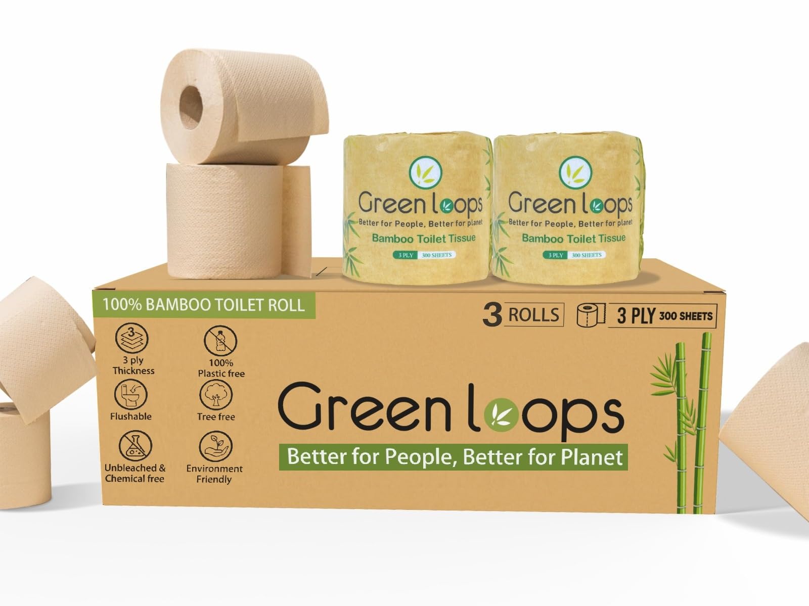 Green Loops Bamboo Toilet Tissue Rolls | 3-ply, 900 Pulls (300 x 3 Rolls) | Tissue Paper Roll, Toilet Paper Roll - Eco Friendly, Soft & Highly Absorbent, Unbleached, Chemical-Free, Box Pack
