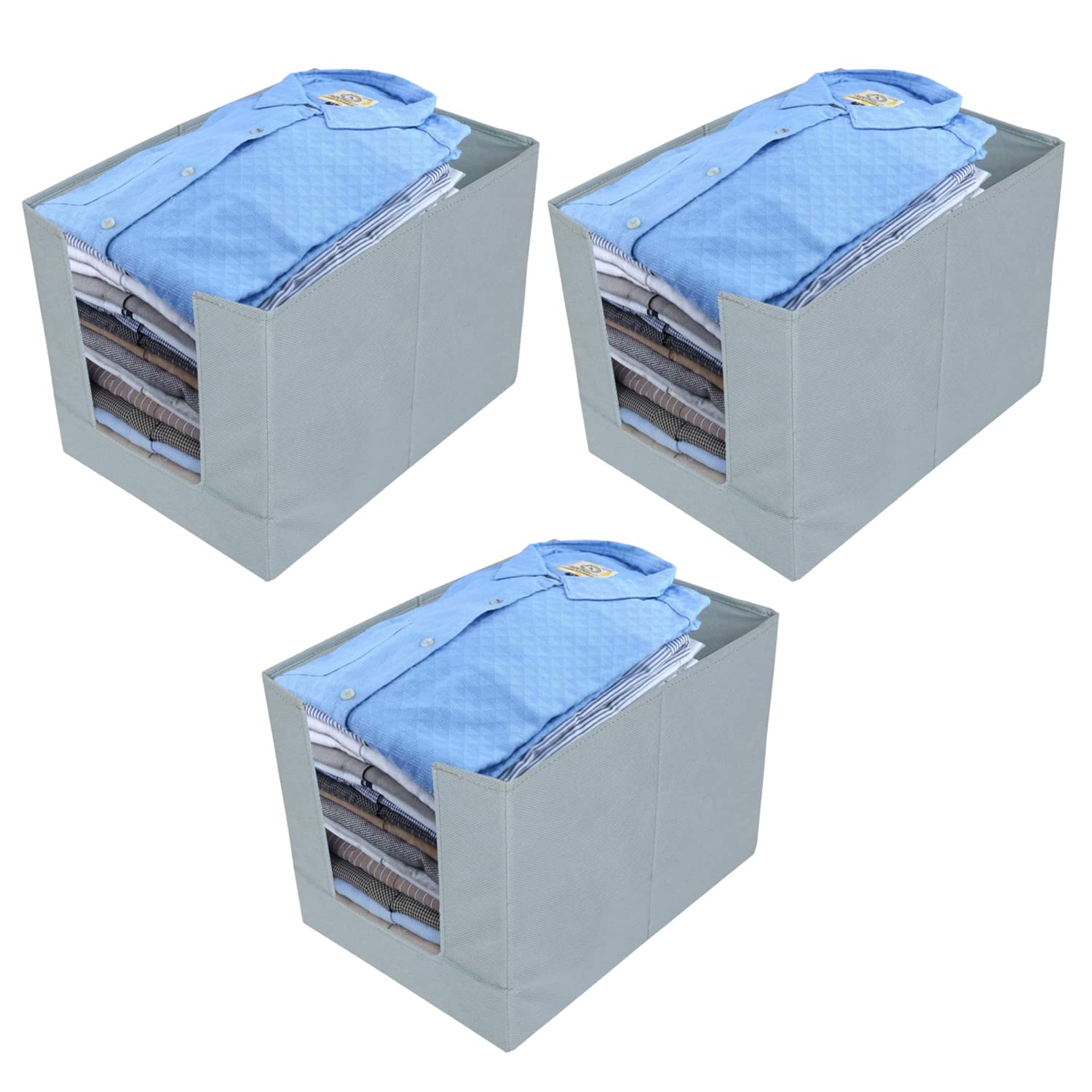 Kuber Industries Stylish Shirt Organizer for Wardrobe|Foldable Non Woven Shirt Stacker|Drawer Storage Unit For Closet Cuboard|Clothes Storage box|Pack of 3 (Grey)
