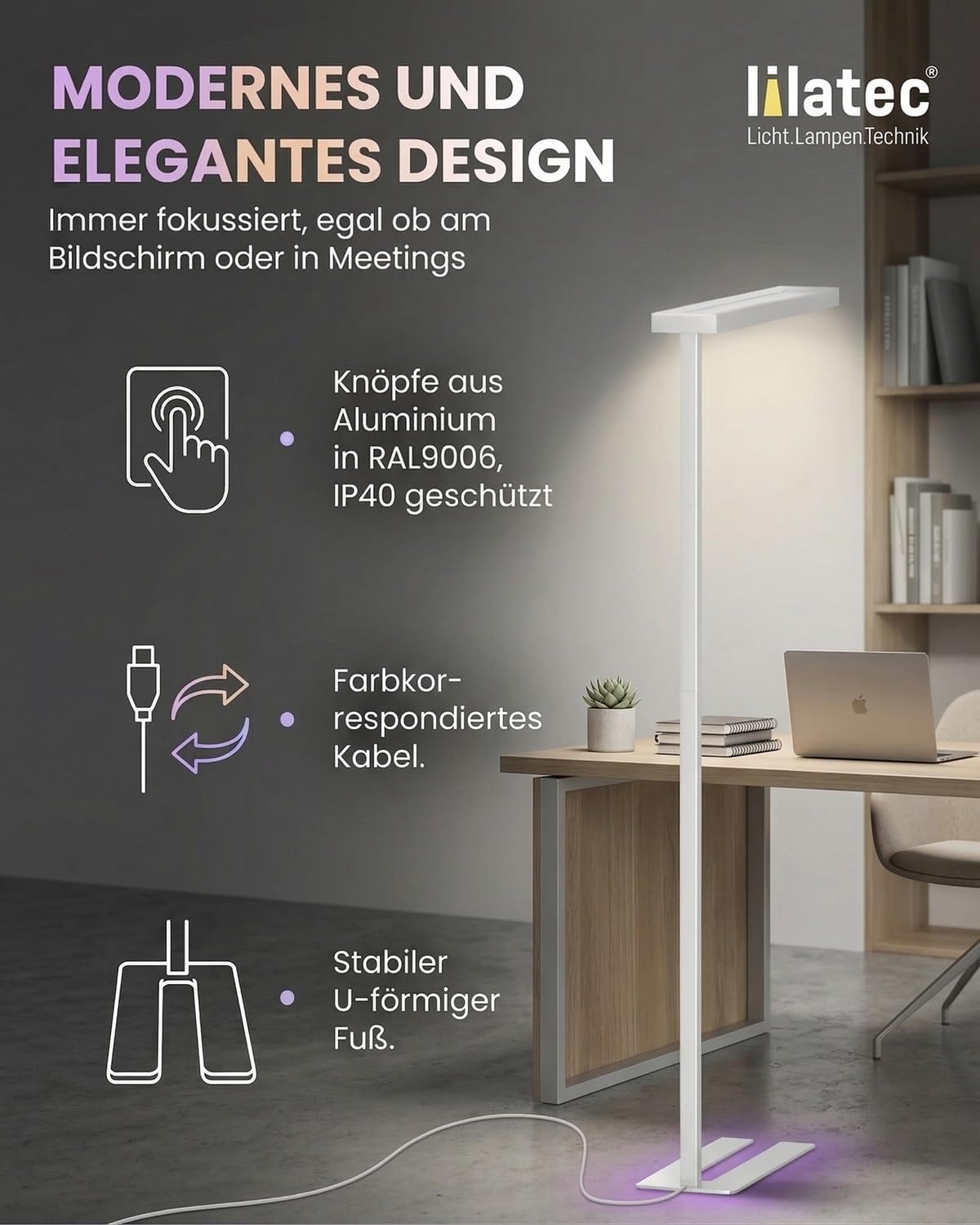 LED Stehlampe Büro, Optimale Arbeitsplatzleuchte laut DIN 12464-1 mit 50W und 5600lm, Neutralweiß (4000K), Stehlampe, Büroleuchte oder Büro Stehleuchte, Einsatz als Standleuchten & Deckenfluter