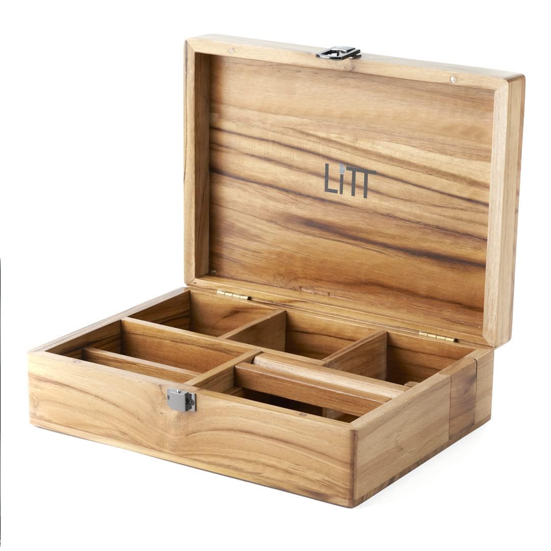Litt Brown Portable Teak Wooden Stash Box - Rolling Storage Set With Tray, Accessory With Lid - Discreet Secure Storage - Handcrafted Compact Table Organiser (Without Lock)