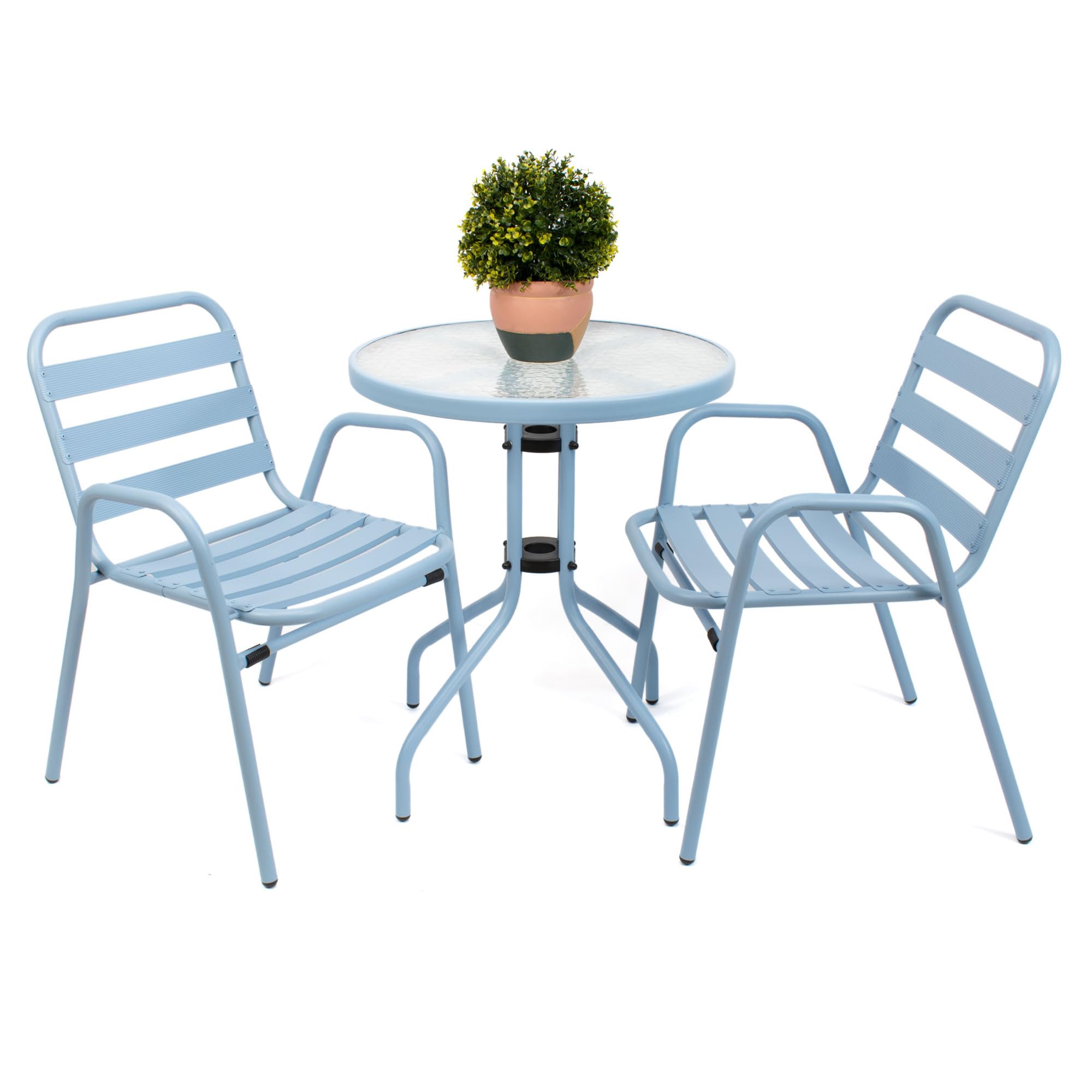 THE SECRET HOME - Set de 2 Sillas y Mesa Redonda de Metal para Jardín - Mobiliario de Exterior para Balcón, Terraza y Jardín - 3 Colores (Azul - Respaldo Silla Cuadrado)