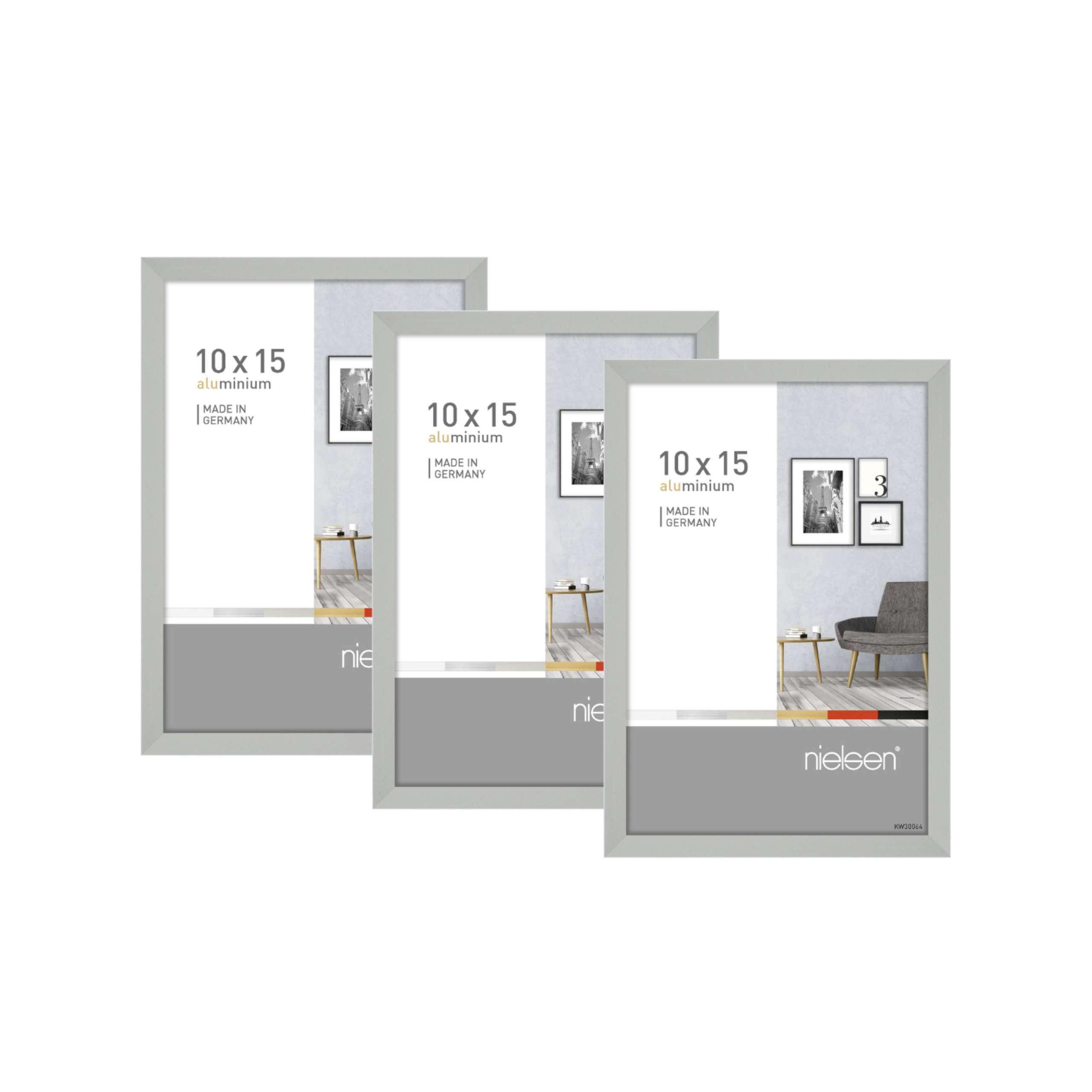 nielsen Pixel Aluminium Picture Frame - Frosted Silver 4x6in, 10x15cm (Pack of 3) - with Float Glass and Easy Push-Turn Clips