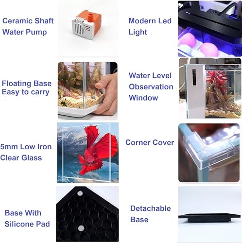 Miniatura 3 de Betta Nemo - Kit de iniciación para acuario pequeño con filtro y luz de hierro bajo, vidrio ultra transparente, 2 galones (agua fresca negro)