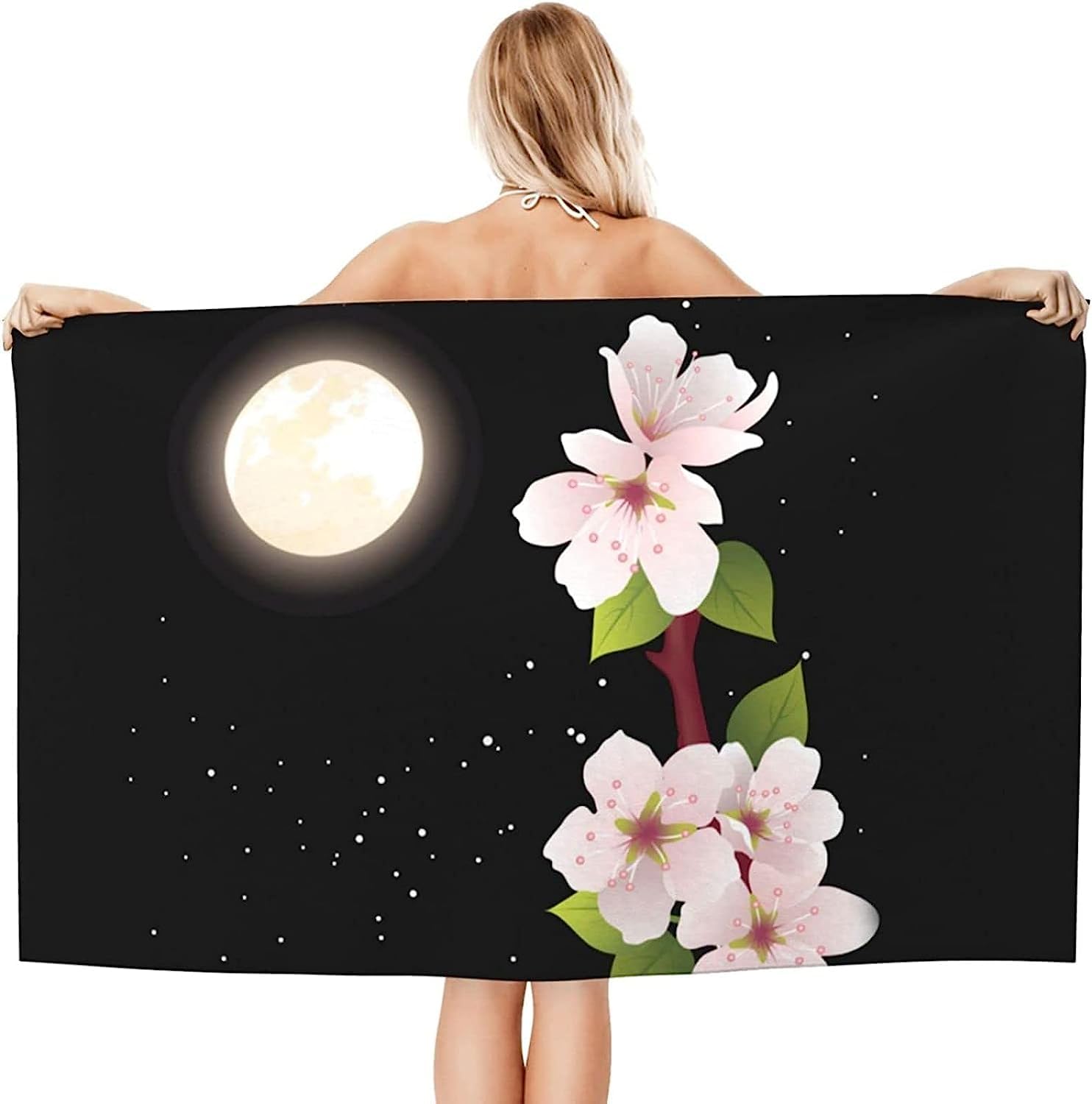 Strandtuch Wunderschöne Mond-Sakura 3D Badetuch Mikrofaser Campingtuch Schnelltrocknendes Handtuch Sandfrei Ultraweiches Reisehandtuch Tragbar Badetuch Für Reisen Strand Schwimmen Wandern XXL 20-4U1X