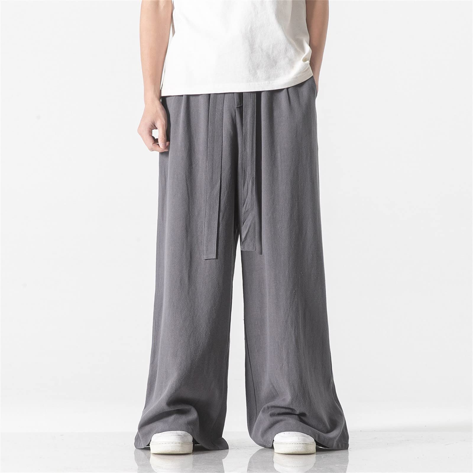 Pantalones de lino de algodón para hombre, pierna ancha, cintura elástica, cordón ajustable, pantalones palazzo ligeros de verano casuales, Pantalones de lino azul marino para hombre, XXL