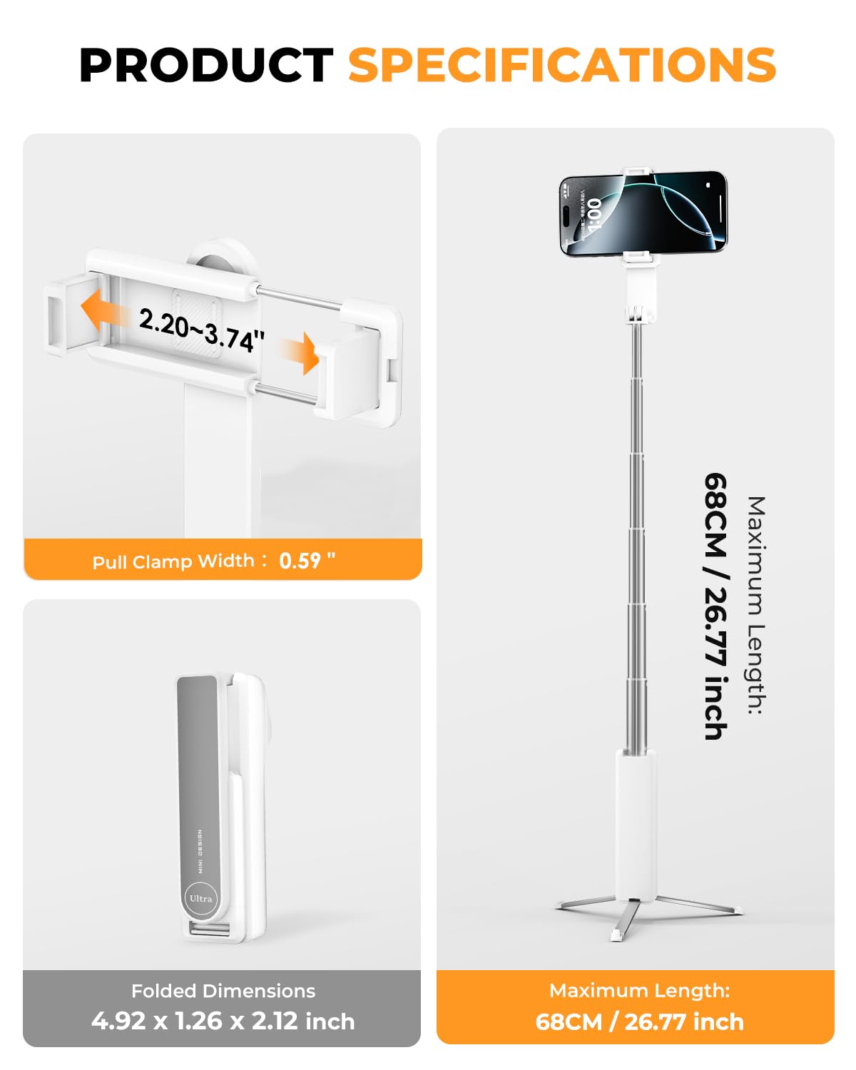 Treppiede per selfie, treppiede pieghevole per telefono, per iPhone/Android, telecomando wireless, portatile, formato tascabile, per fotografia, registrazione video, streaming