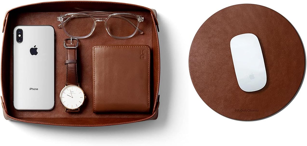Vegan Leather Tan Desk Tray Organiser | Orb Tan Mouse Pad Extended for Laptop, for PC, and Wireless Mouse, Large Vegan Leather Finish for Home, Office, Gaming - Set of 2(Round)