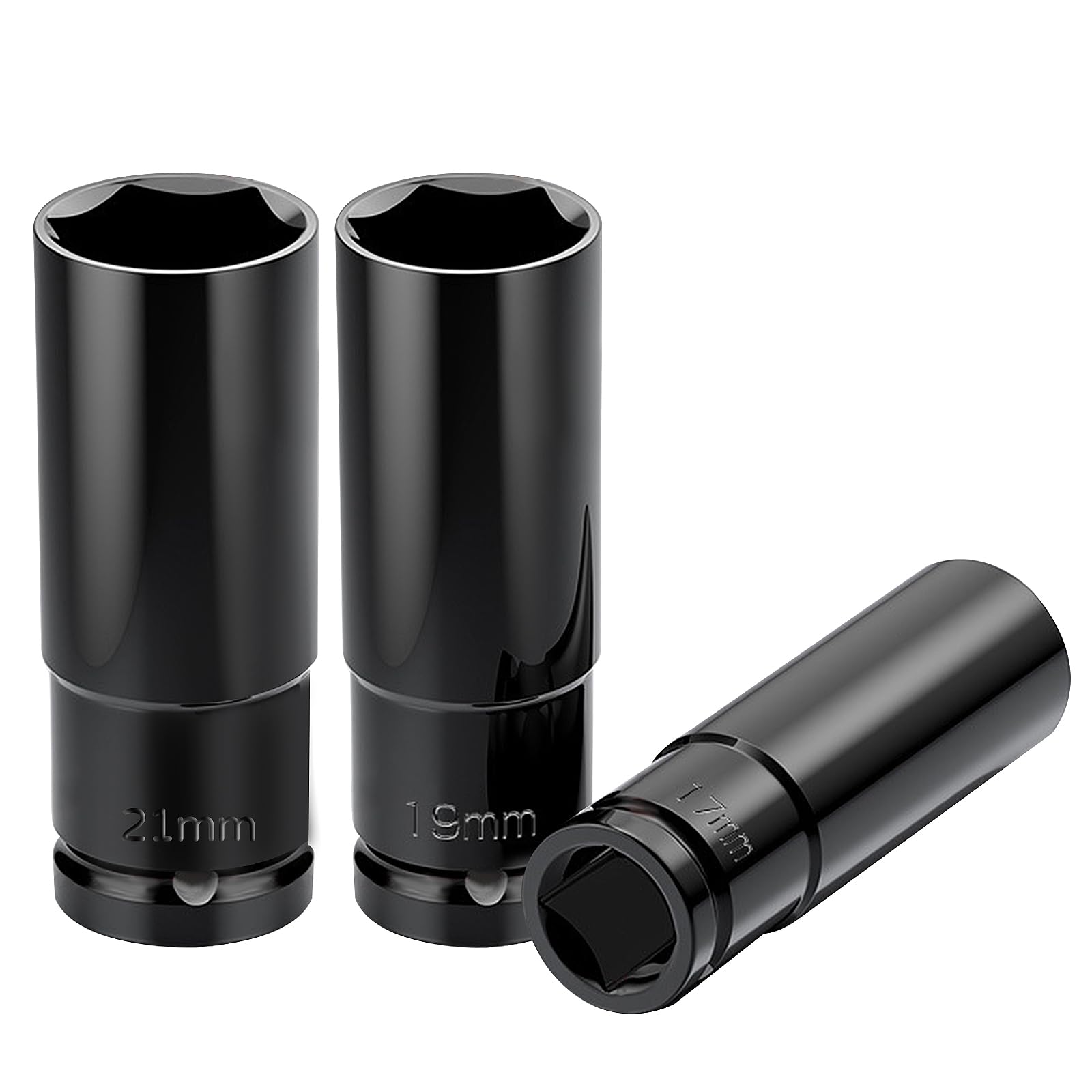3PCS Deep Impact Socket Set, 1/2 Inch Deep Socket Set 17mm/19mm/21mm Hex Driver Impact Sockets 6 Point High Torque Sockets for Car Repairs Tyre Change