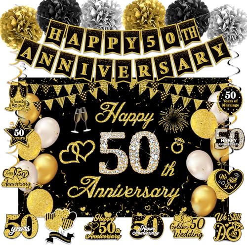 50th Wedding Anniversary Party Decorations Supplies Kit - 41PCS Black Gold Happy 50th Anniversary Banner Backdrop Hanging Swirl Pompoms Decorations Cards