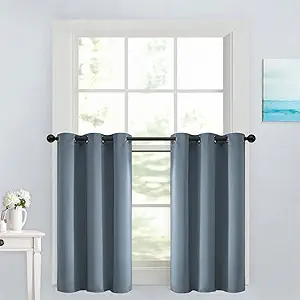 Yakamok Soild Small Window Curtains, Grommet Thermal Insulated Privacy Curtains and Drapes Room Darkening Shades Decent Decor for Kitchen Camper Closet(2 Panels,Stone Blue,42x36 Inch)