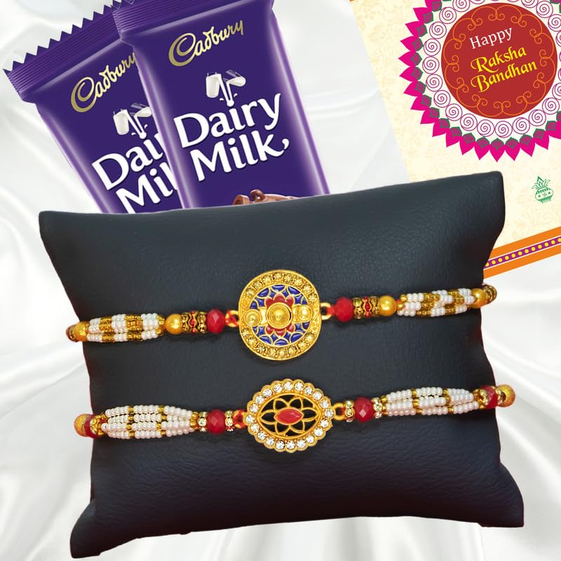Image of Canton Rakhii Combo Gift Hamper Pack of 2 Rakhii For Brother With Chocolate, Rakhi With Cadbury Dairy Milk, Greeting Card & Roli Tilak (Design-4, 2 Rakhi With Cadbury)