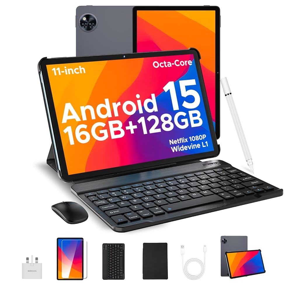 DOOGEE U11 (2025) Tableta Android 15 con teclado, Tableta Android de 11 pulgadas 16GB + 128GB / 2TB TF Octa-Core Gaming Tablets, Pantalla de 90Hz, 8580mAh, 1080P, BT5.0 + 5G WiFi, 13MP + 5MP, Face ID, Cuerpo de metal