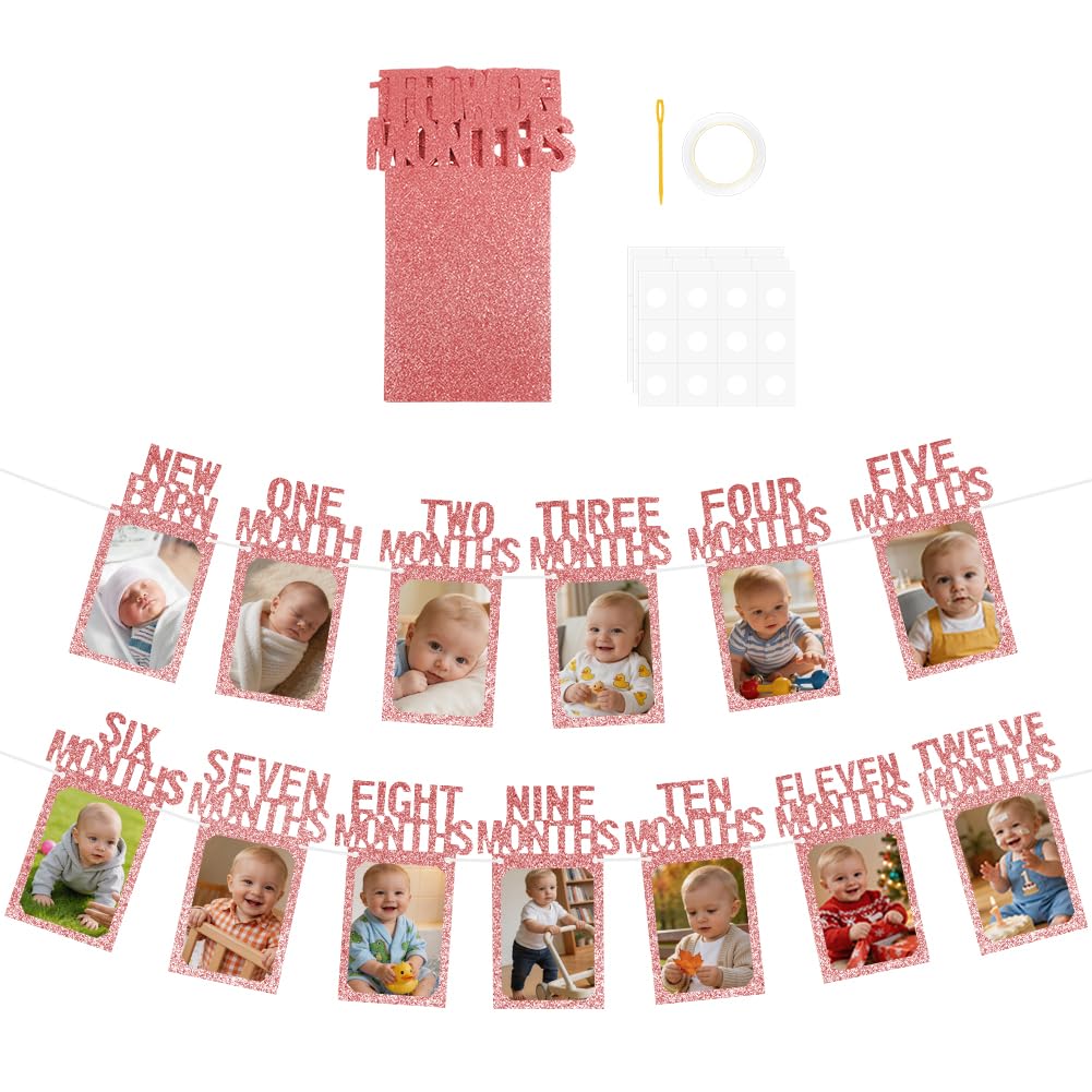 Vicloon Birthday Baby Photo Banner, 1st Birthday Baby Photo Banner, Newborn to 12 Months Party Decoration, First Birthdays Decorations for Boys Girls for Babyshower Babies Shower, Rose Gold