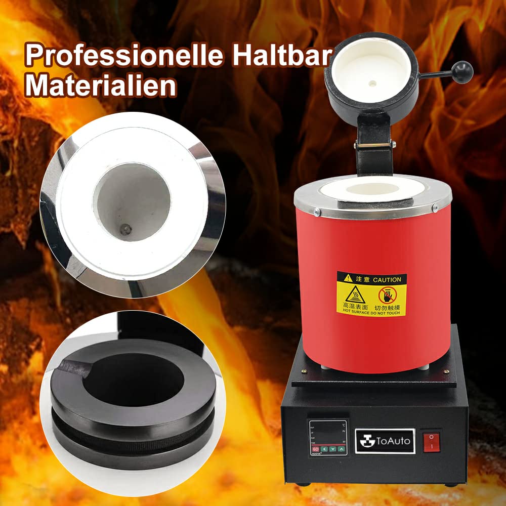 TOAUTO 3KG Digitale Schmelzofen 1400W 2000F, Automatischer Schmelzofen Kit mit Graphittiege und Graphit Barrenform, Schmelz Silber, Gold, Kupfer, Aluminium