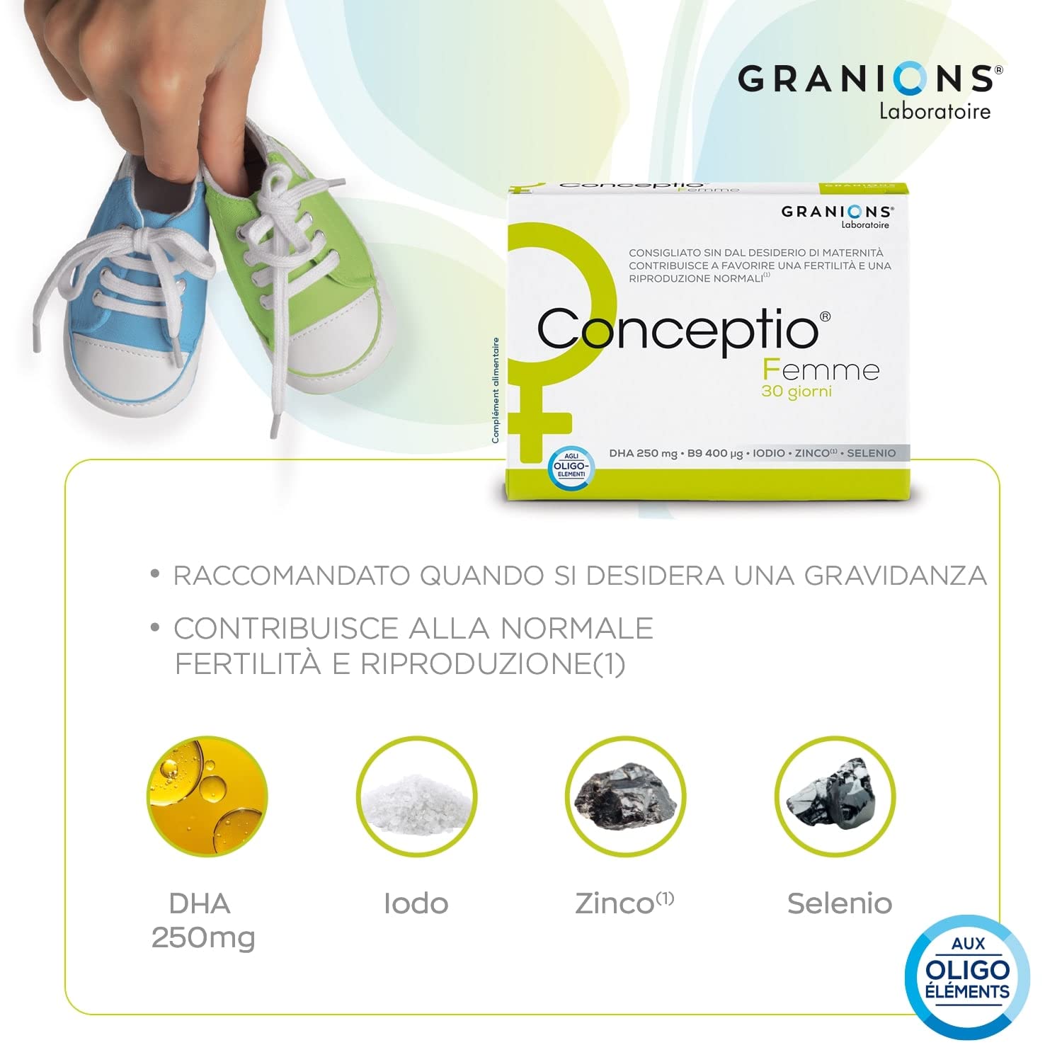 Granions Conceptio Donna Integratore, Desiderio di Maternità, Favorisce la Fertilità Femminile, Vitamine B9 (Acido Folico), B, C, A, Dha, Oligoelementi, 60 Capsule Vegetali