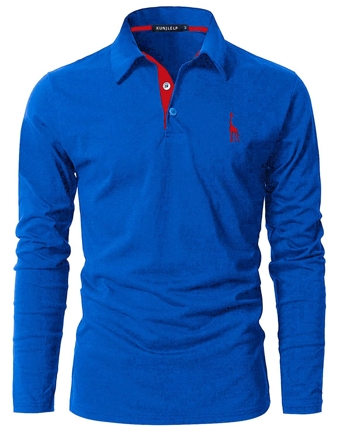 KUNJLELP 100% Cotone Polo da Uomo Manica Lunga Ricamo di Giraffa Maglietta Uniformi Polo da Lavoro per l'autunno e l'inverno