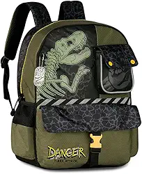 Mochila Escolar Infantil Dinossauro T-Rex, Verde Militar e Preto, Design Danger Attack, com Bolsos Laterais e Fecho de Segurança