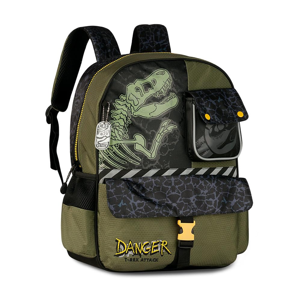 Mochila Escolar Infantil Dinossauro T-Rex, Verde Militar e Preto, Design Danger Attack, com Bolsos Laterais e Fecho de Segurança