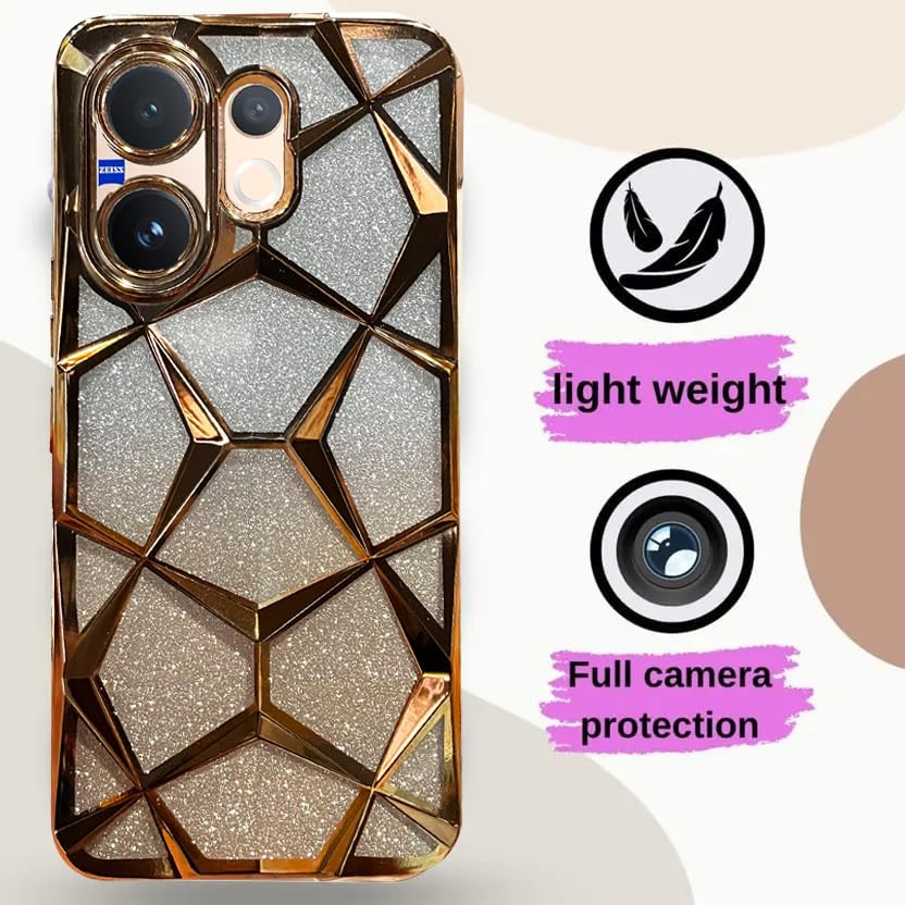 Image of VONZEE Gradient Glitter Case for VIVO V60, Luxury Electroplated 3D Cube, Diamond Bling Shiny Soft TPU Clear Shockproof Women Girls Protective Phone Cover (Gold)