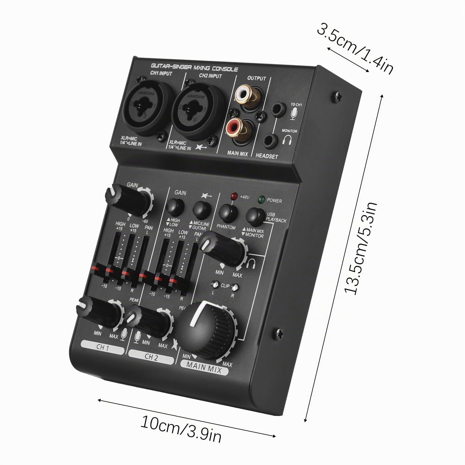 POENVFPO Mixer Audio USB a 2 con Alimentazione Phantom 48 V, Ingresso/uscita Stereo, Misuratori di Livello LED, Ingressi XLR e 1/4 di Pollice per DJ, Registrazione in Home Studio