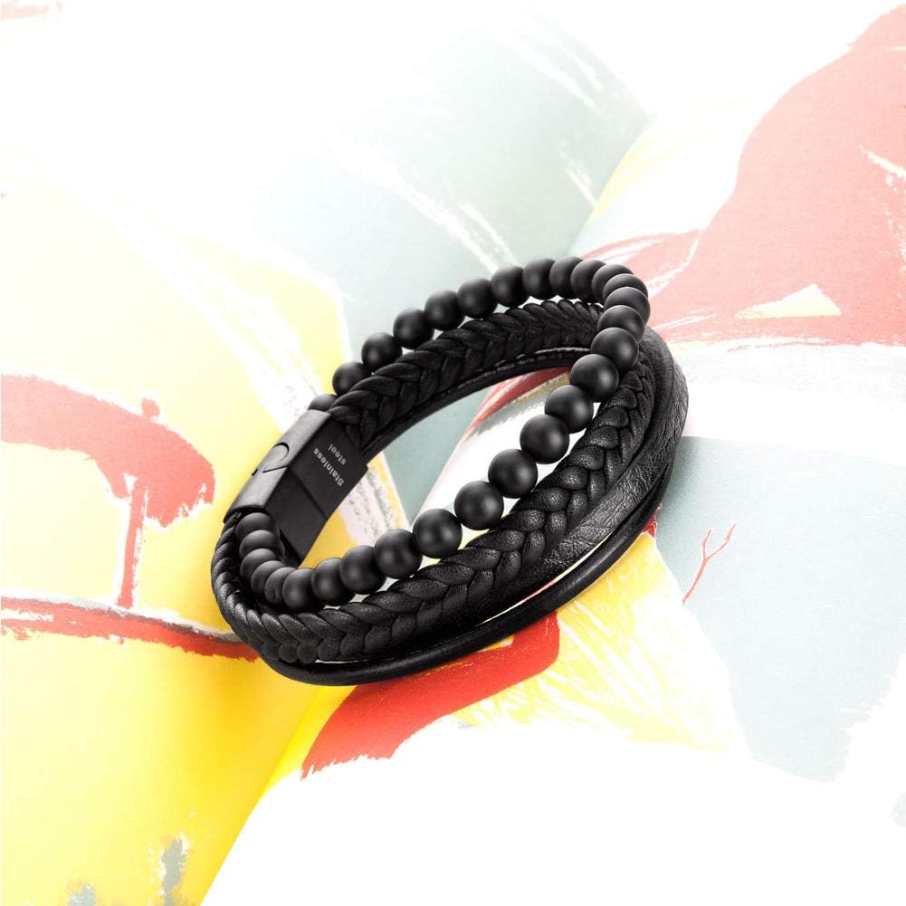 Speroto New Mens Bracelet Bead and Leather Braided, Lava and Onyx Bead Leather Bracelet for Men