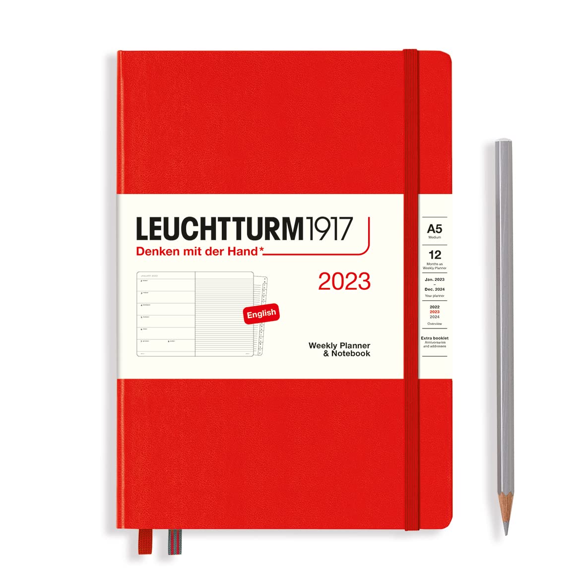 Weekly Planner & Notebook Medium (A5) 2023 with extra booklet, Red (Jan 1 - Dec 31, 2023)