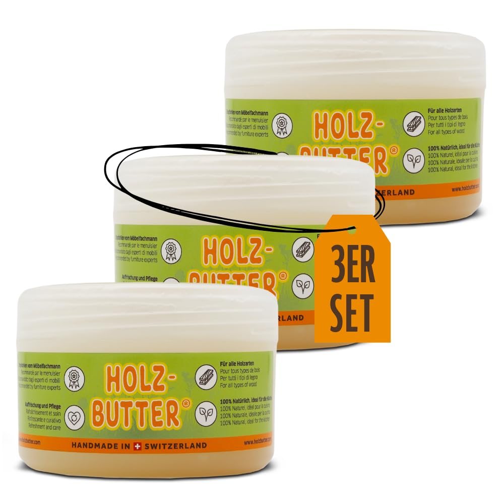 Renuwell Holz Butter 3x 250 ml Intensiv-Pflege für alle Holzarten, Möbelpflege, natürliche Inhaltsstoffe, lebensmittelecht, Holzbalsam mit Bienenwachs, Schweizer Qualität