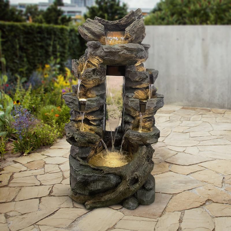 Fontaine de Jardin Art-Pond Niagara | Grande Taille 80x55x142cm en Polyrésine Gris Roche | avec Éclairage LED Blanc Chaud et Pompe 2000L/h | Décoration Extérieure ou Intérieure