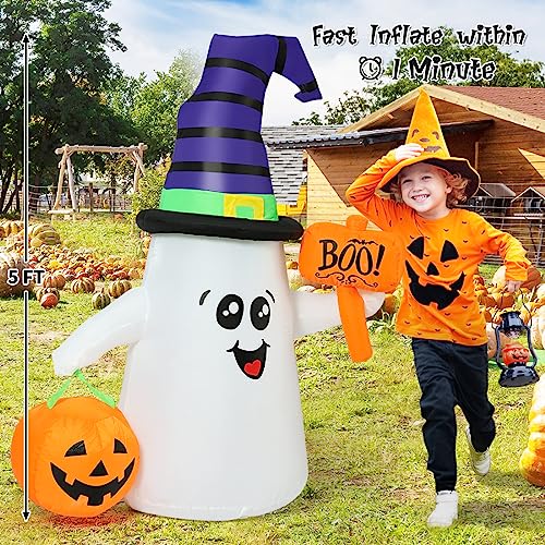 Image of GOOSH 5 FT Halloween Inflatables Ghost Outdoor Decorations Blow Up Yard Cute Wizard Ghost with Pumpkin with Built-in LEDs for Garden Lawn Indoor Party Holiday Decor