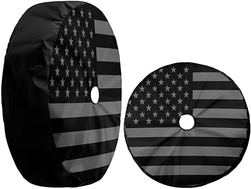 Miniatura 3 de Foruidea Funda para neumático de repuesto con la bandera de Estados Unidos negra con agujero de cámara de respaldo para remolque, RV, SUV y muchos