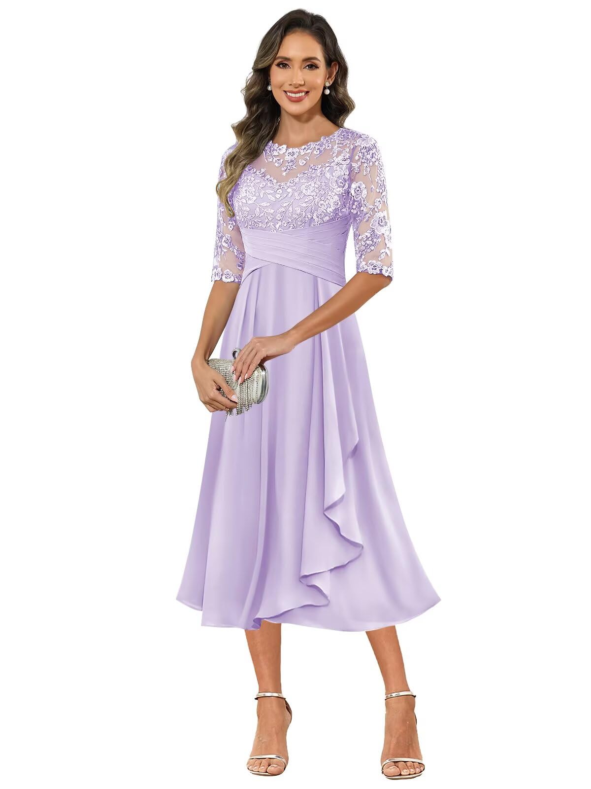 Trifetcrow Mother of Bride Dresses for Women Tea Length Chiffon Lace Appliques A Line Formal Evening Gowns