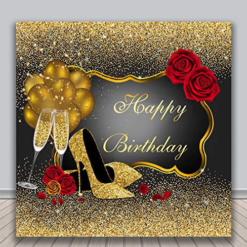 8x8ft Happy Birthday Backdrop Glitter Gold Red Rose Floral Golden Balloons Heels Champagne