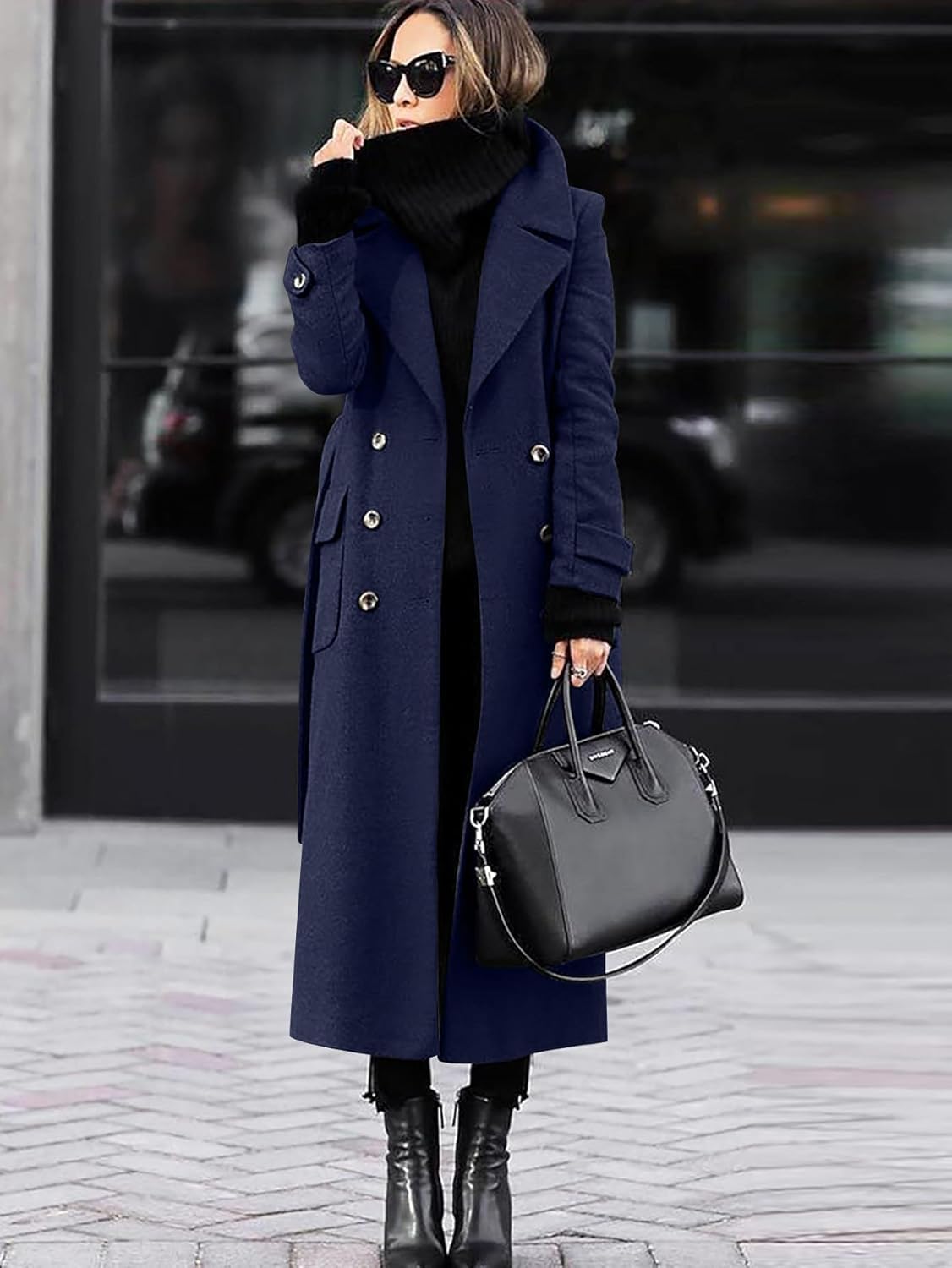Cappotto Invernale da Donna in Misto Lana con Risvolto Doppiopetto Cappotto Lungo Casual da Lavoro alla Moda con Cintura Cappotto Caldo Elegante da Ufficio All'aperto