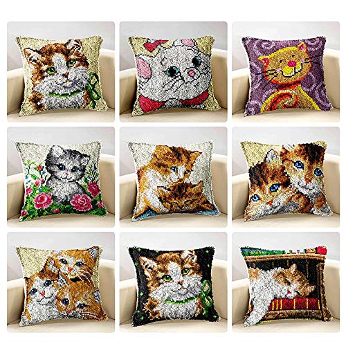 Image of Flowers Cat Latch Hook Pillow Kits for Adults Beginners Pre-Printed Cushion | Home Sofa Cushion Cover Preprinted Canvas Crochet Yarn Kits Needlework Crafts Festival Gift for Adults Beginner 17X17 Inch
