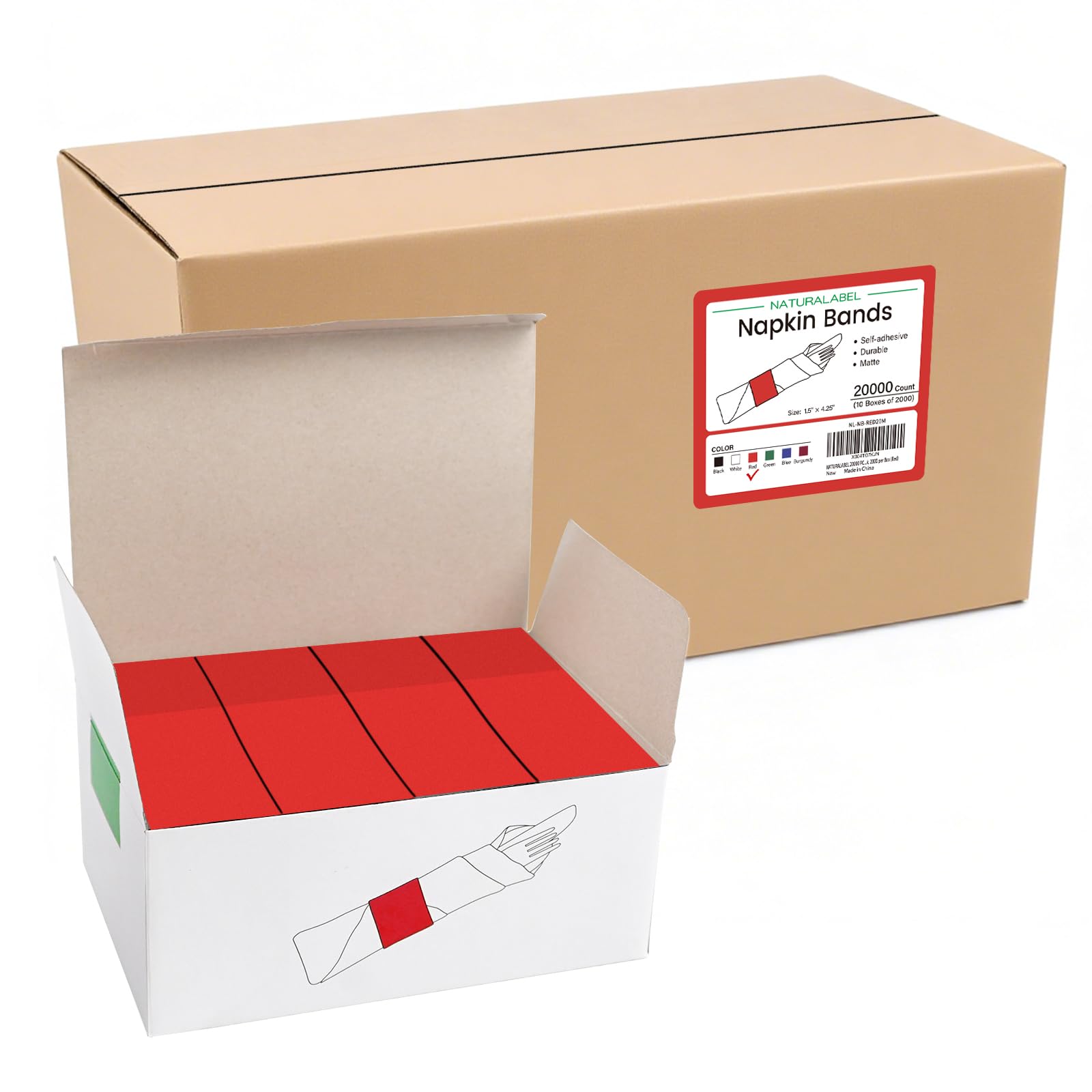 NATURALABEL Self-Adhesive Napkin Bands, Bulk Pack of 20,000, Red