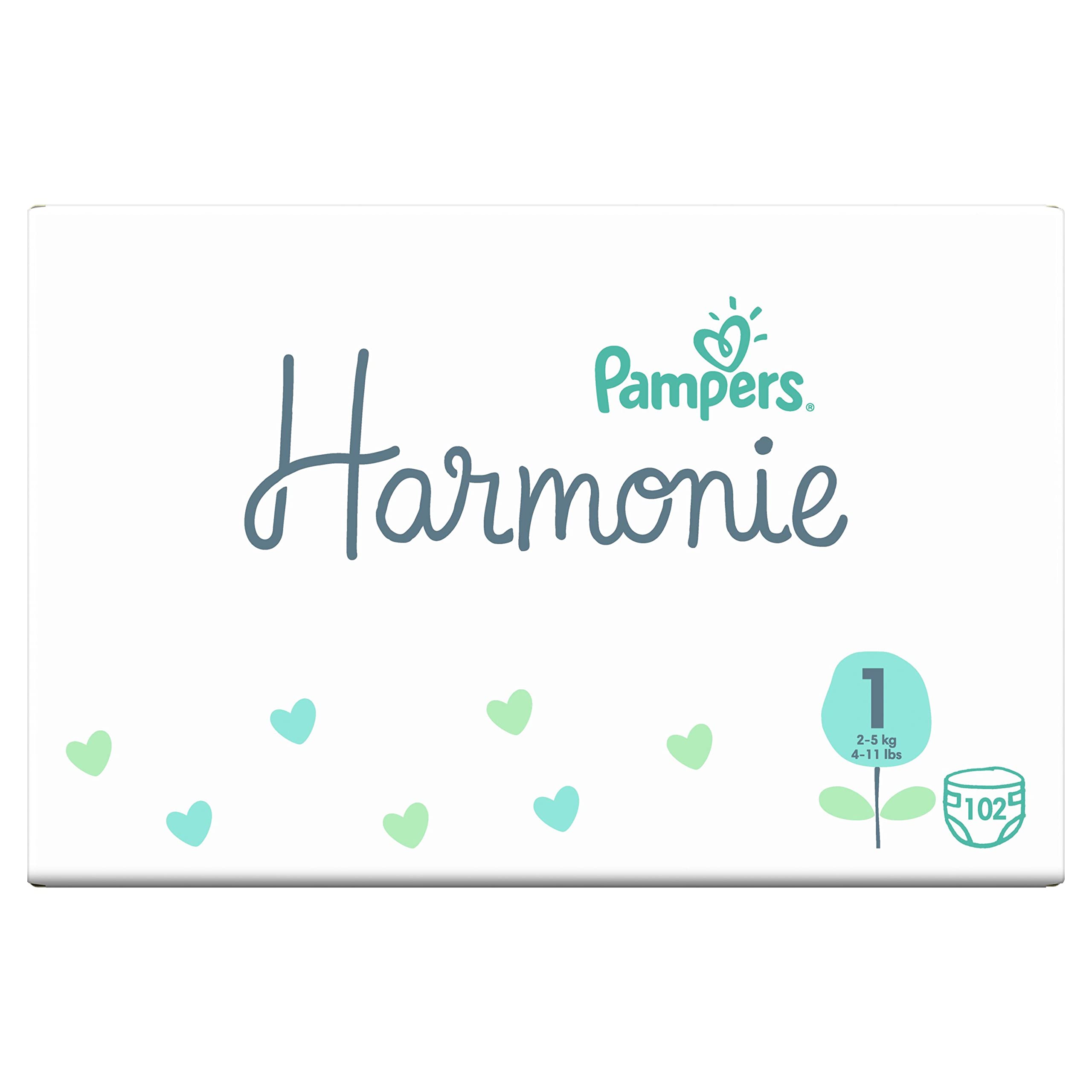 Pampers Couches Taille 1 (2-5 kg), Harmonie, 102 Couches Bébé, Pack 1 Mois, 0% de compromis, 100% d'absorption, Ingrédients d'origine végétale, Hypoallergéniques, L'emballage peut varier