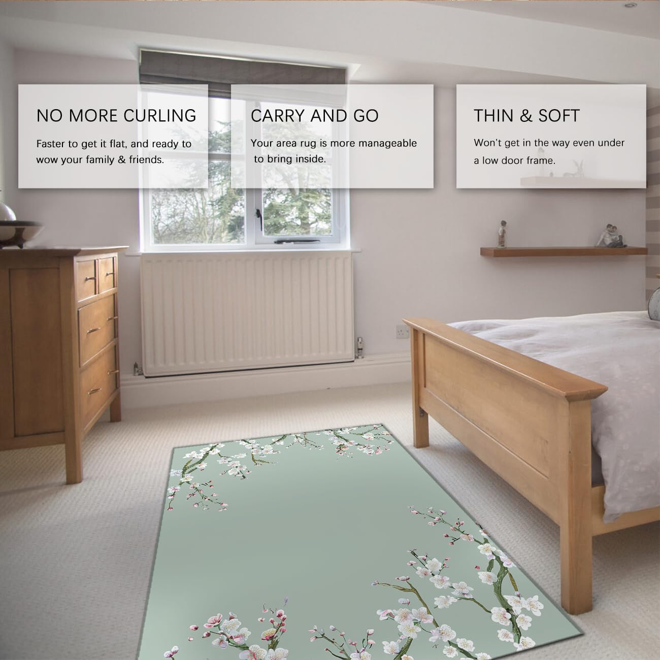 100x200cm Tapis Fleuri Rose Fleurs de Cerisier Vert Sauge Rugs Oriental Japonais à Poil Bas Lavable pour Salon Chambre Tapis de Sol