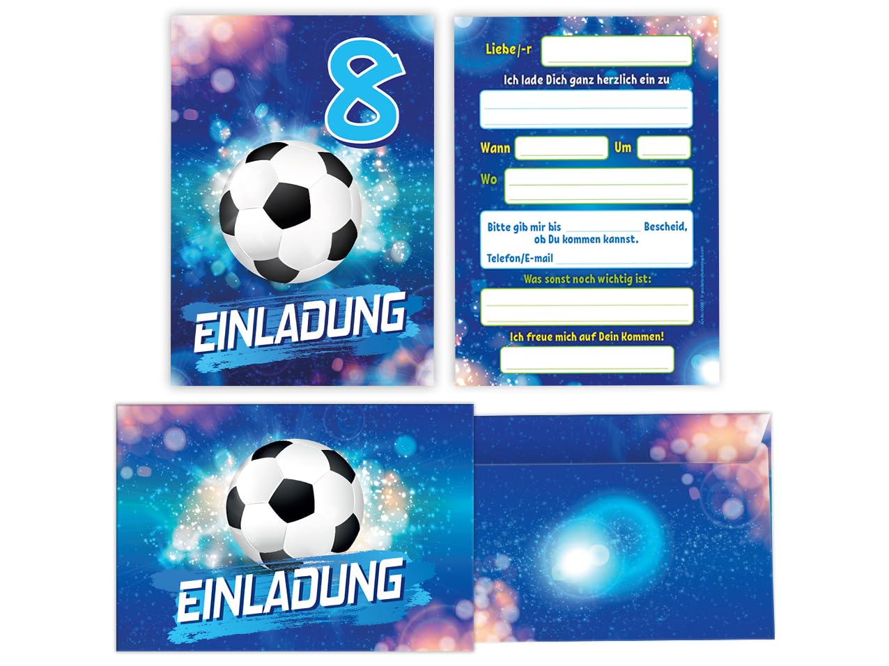 JuNa-Experten 8 Einladungskarten incl. 8 Umschläge 8. Kindergeburtstag Jungen Fußball Fussball Einladungen achte Geburtstag