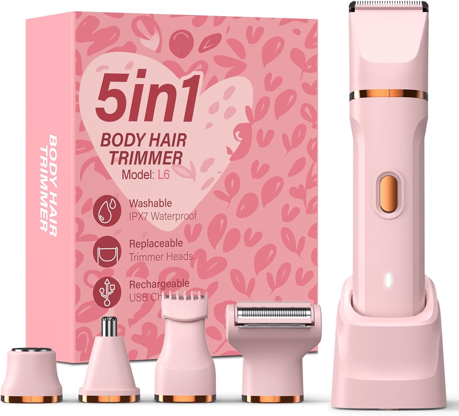 5-in-1 Bikini Trimmer for Women, IPX7 Waterproof Electric Razors Shaver, Cordless Body Hair Trimmer, Facial & Pubic Hair Removal, Ceramic Blade (Pink) 5-in-1 Bikini Trimmer for Women, IPX7 Waterproof Electric Razors Shaver, Cordless Body Hair Trimmer, Facial & Pubic Hair Removal, Ceramic Blade (Pink)