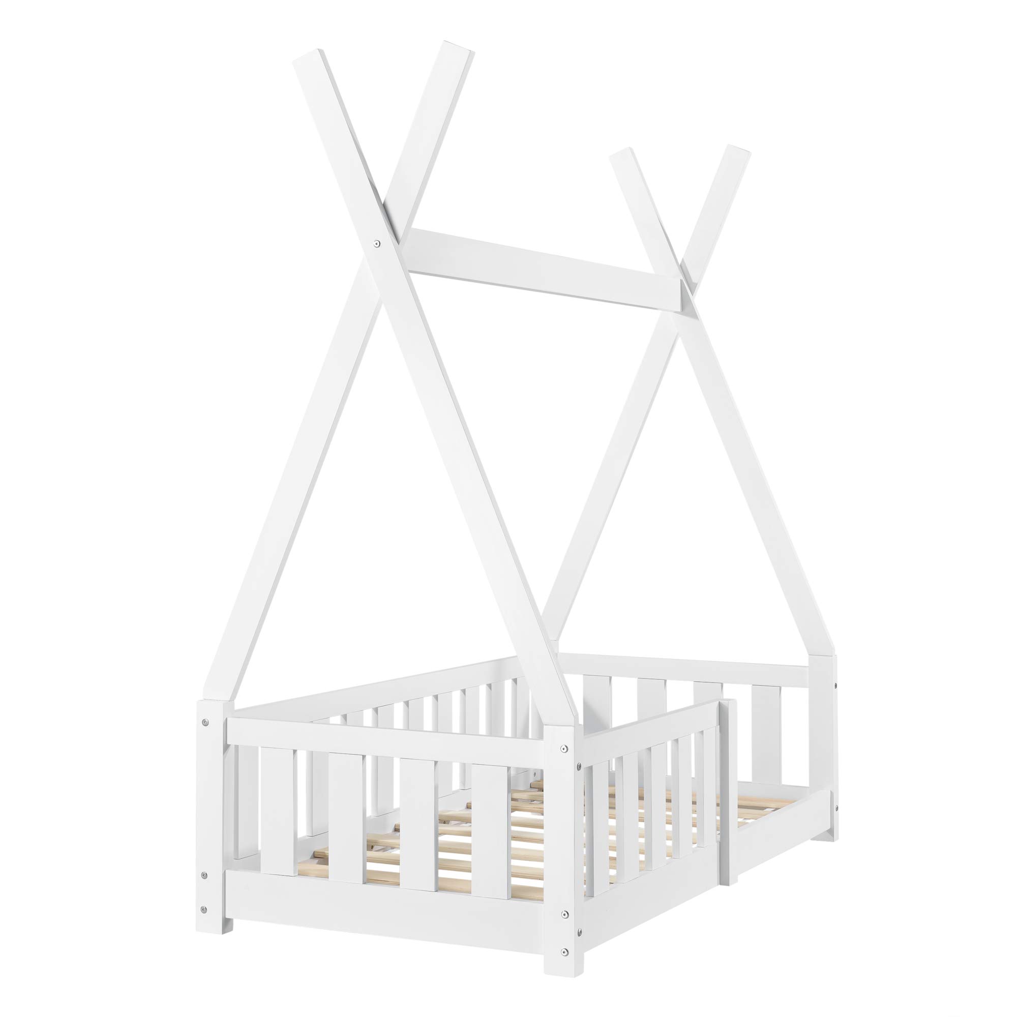 [en.casa] Letto per Cameretta a Forma di Capanna con Sponde Anticaduta Lettino Tipi per Bimbi Design Montessori Legno di Pino 70x140 cm Bianco