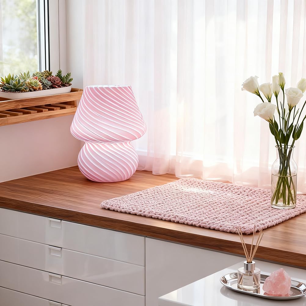 Pilz Dimmbar Nachttischlampe LED Tischlampe mit Kabel und Stecker Moderne Aesthetic Glas Pilz Lmape 3000K/4000K/6000K Kleine Lampe Deko Tischleuchte für Schlafzimmer Wohnzimmer (Rosa)