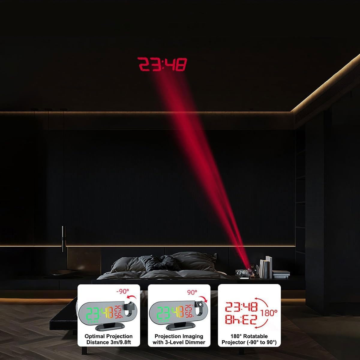 Projektionswecker, um 180° drehbare Projektor-RGB-Uhr, LED-Digital-Temperatur-Feuchtigkeitsmonitor mit Radio, Schlummerfunktion, 4-Stufen-Dimmer, 12/24 Stunden, USB-Ladeuhr für Schlafzimmer