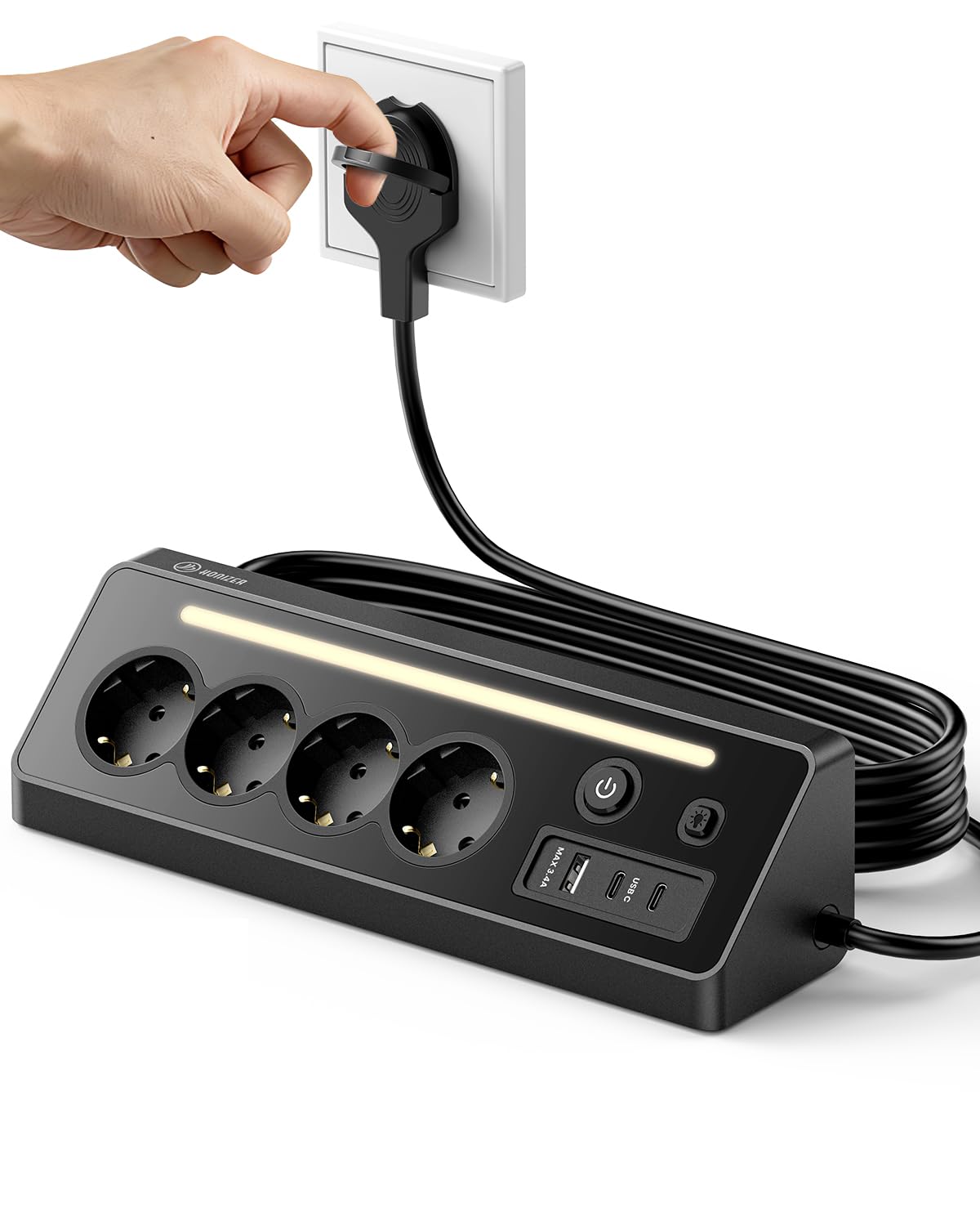 Honizer 7-in-1 Flachstecker Mehrfachsteckdose, 4-Fach Ecksteckdose Flachstecker mit 1 USB-A & 2 USB-C, 16A 3680W Mehrfachsteckdose mit 2 Schalter,2M Kabel& LED-Nachtlicht für Küche/Büro/Nachttisch