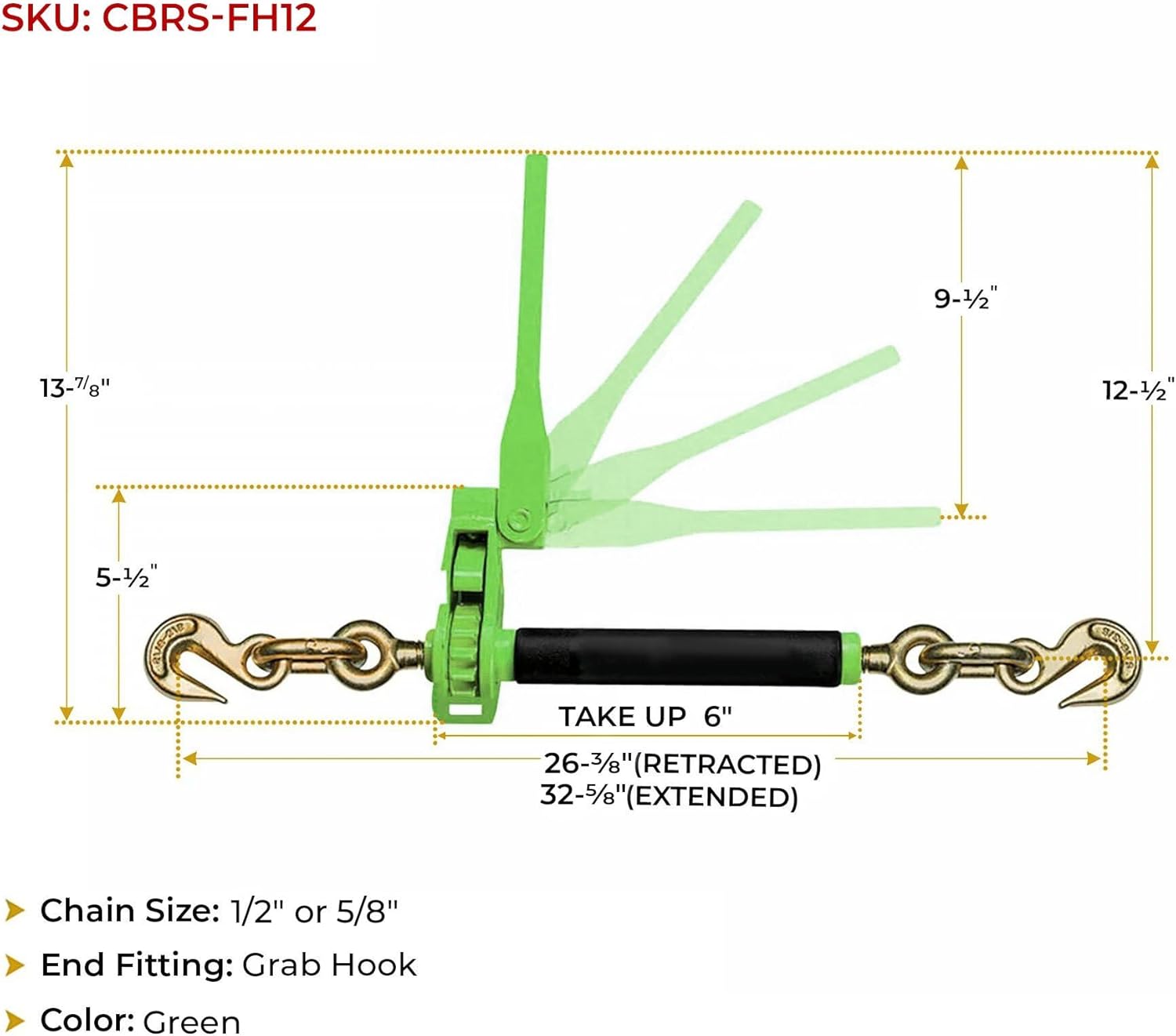 Mytee Products 4 Pack 1/2" - 5/8" Hi-Viz Green Heavy Duty Folding Handle Ratchet Load Binder w/Grab Hook 18,100 lbs WLL | Tie Down Hauling Chain Binders for Flatbed Truck Trailer