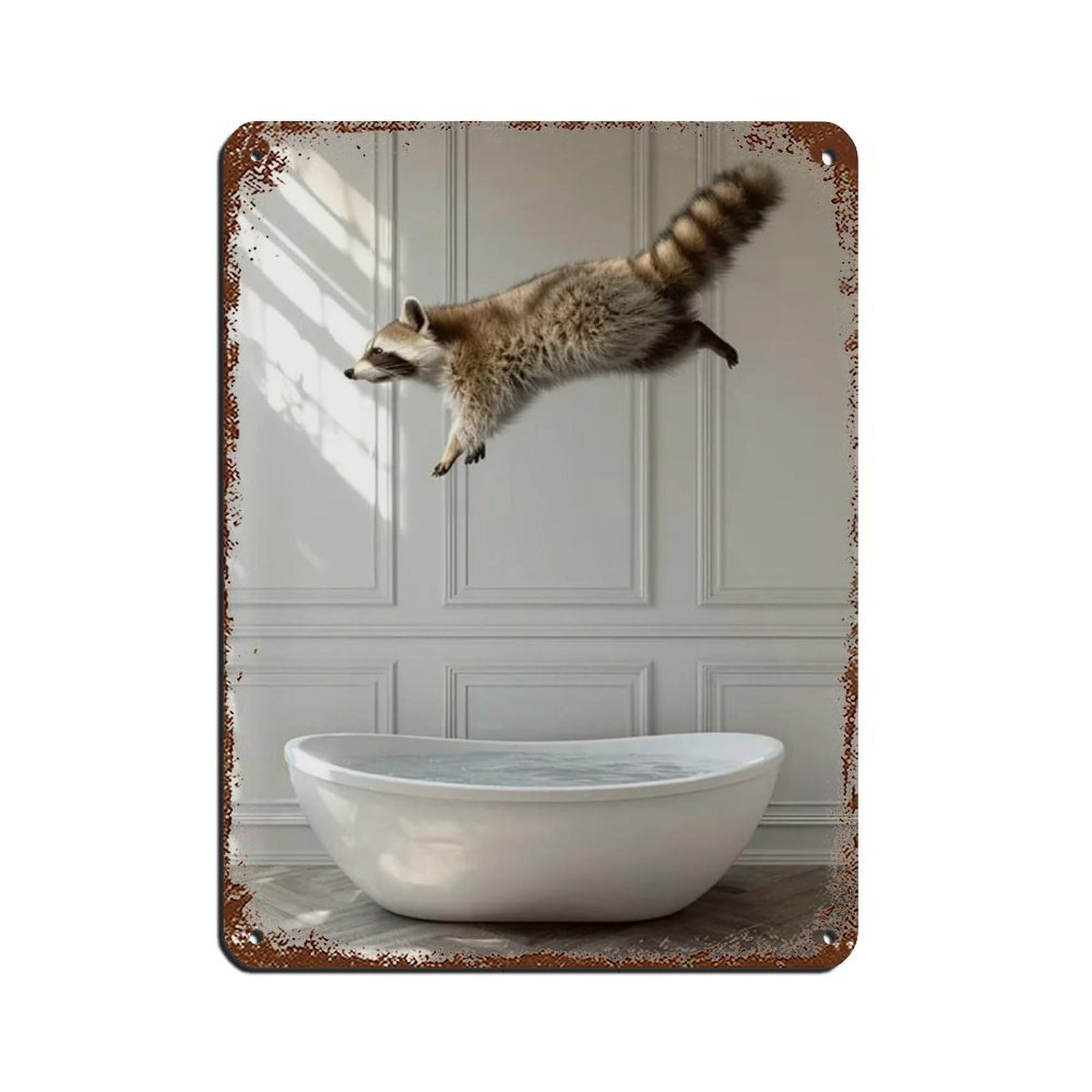 Raccoon Jumping Into Bathtub, Funny Bathroom Art Retro Poster Metal Tin Sign Chic Art Retro Iron Painting Bar People Cave Cafe Family Garage Poster Wall Decoration 12x16inch(30x40cm)
