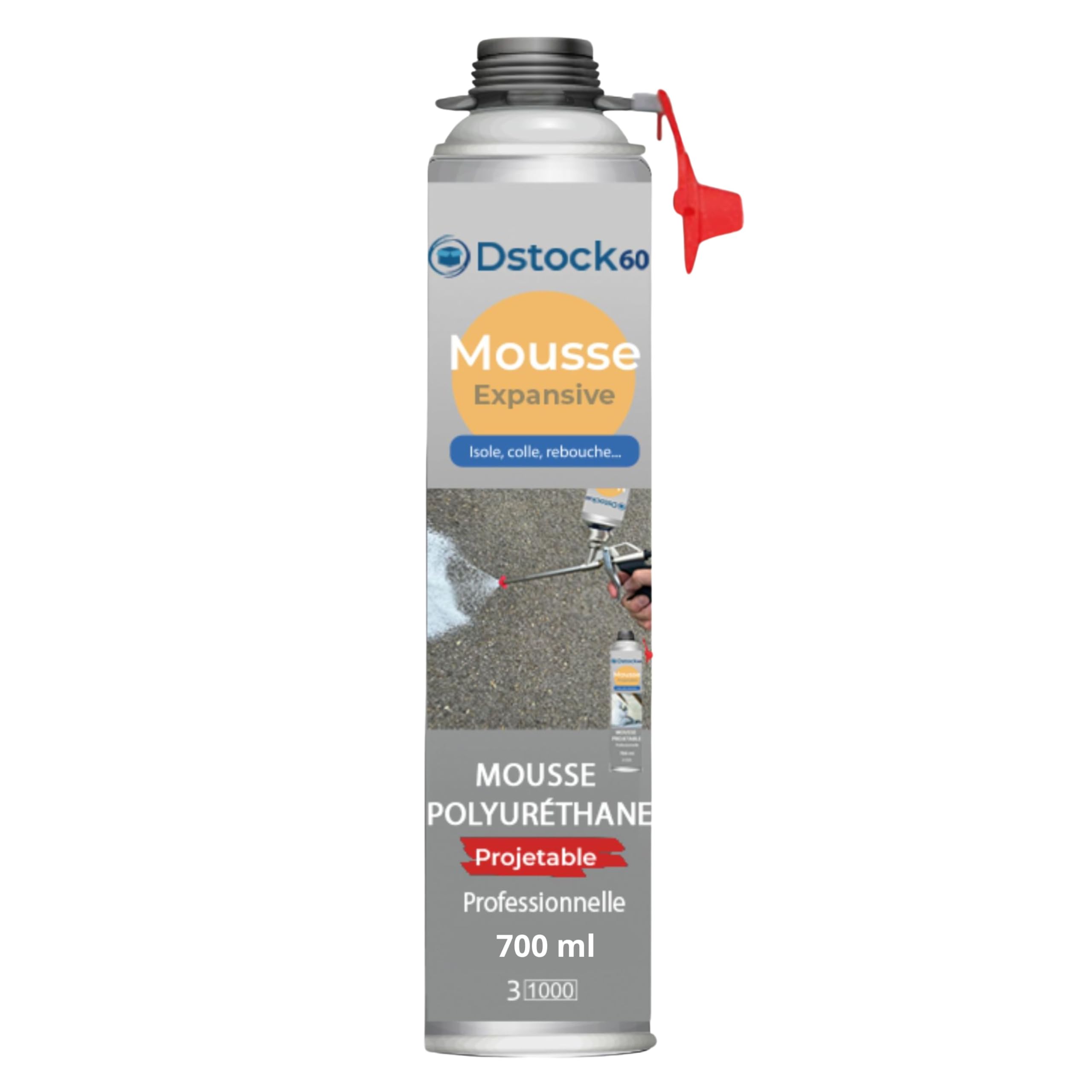 DSTOCK60 – Pack de 2 mousses expansives polyuréthanes projetables 700 ml + 1 pistolet + 1 nettoyant mousse - compatible multi-surfaces - application facile et rapide